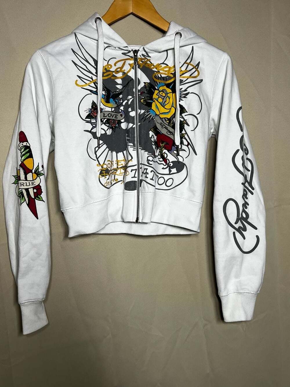 Ed Hardy White Tattoo Graphic Full Zip Cropped Hoodie Women’s L Y2K